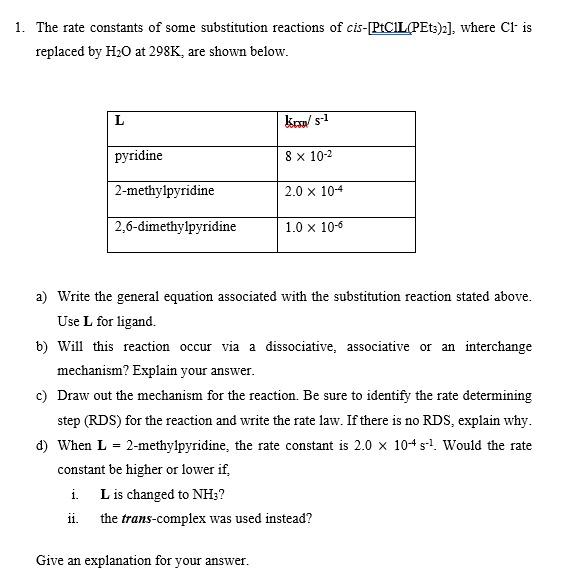 Solved 1. The rate constants of some substitution reactions