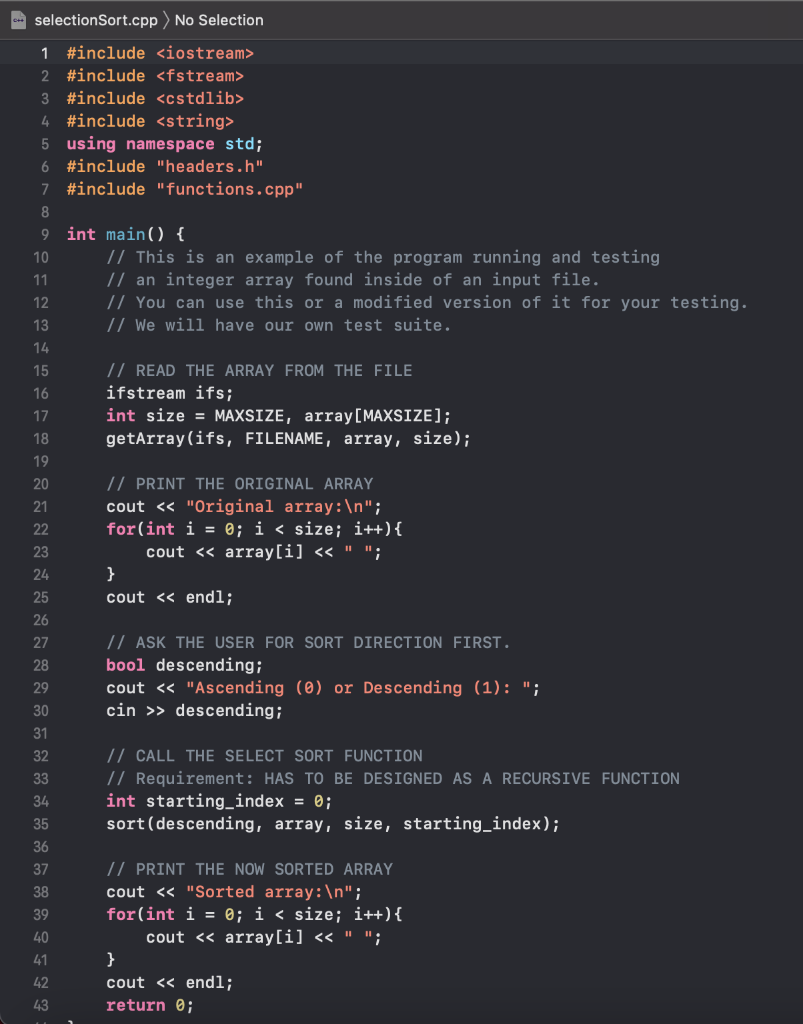 Solved selectionSort.cpp Remember we covered the Selection | Chegg.com