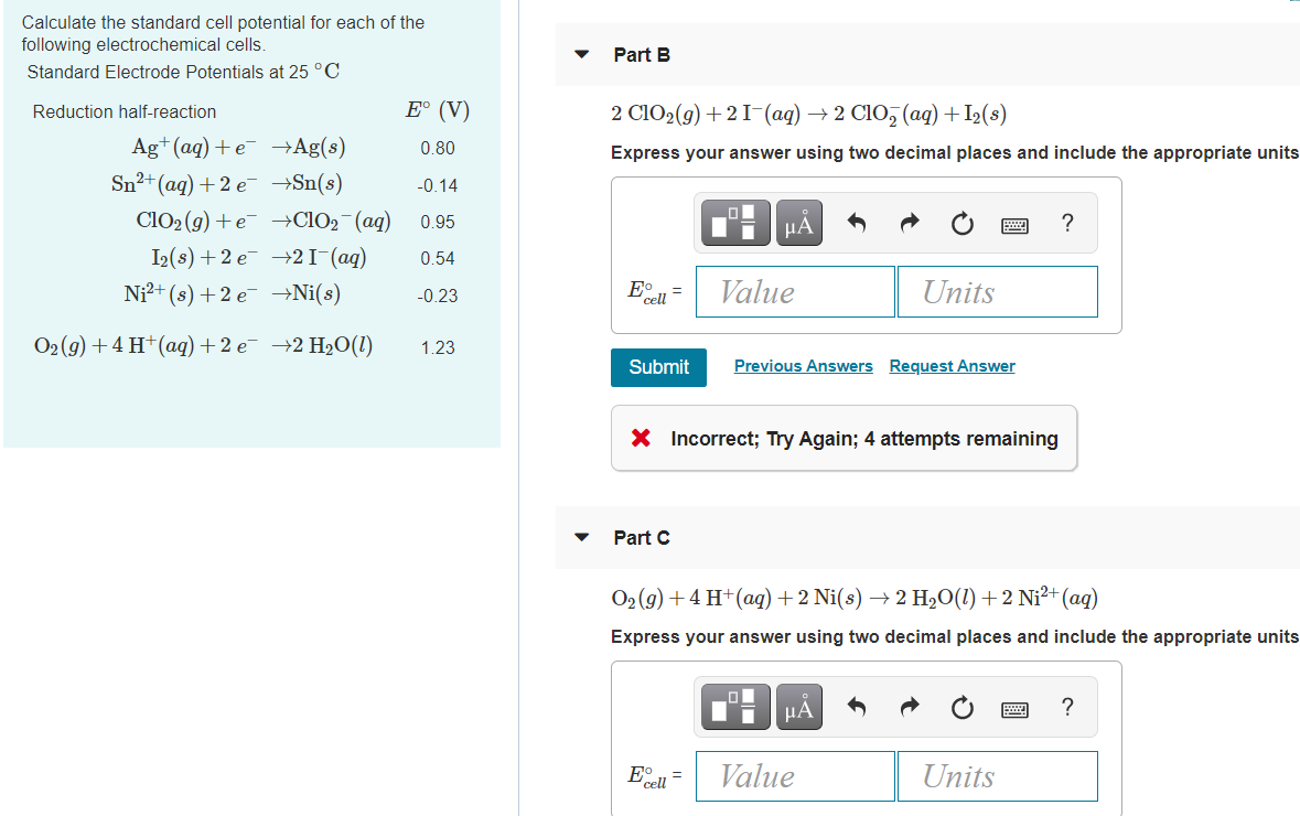 Solved Calculate the standard cell potential for each of the | Chegg.com