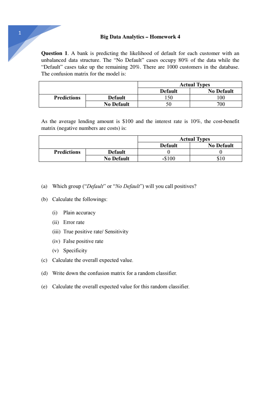 Big Data Analytics - Homework 4 Question 1. A Bank Is | Chegg.com