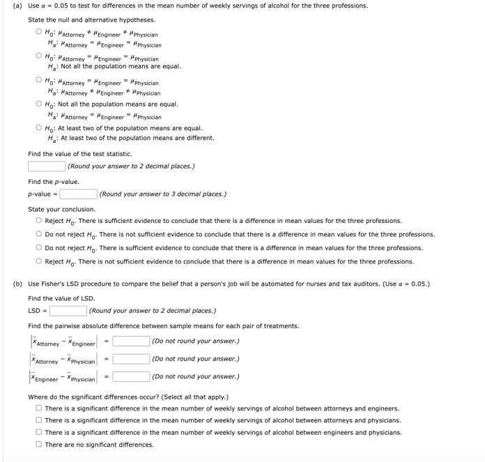 Solved (a) Use a=0.05 to test for differences in the mean | Chegg.com
