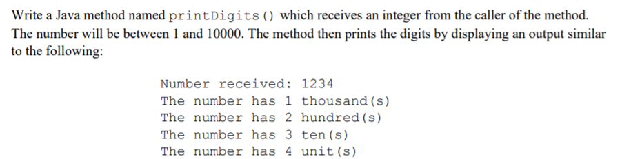 Solved Write a Java method named printDigits () which | Chegg.com