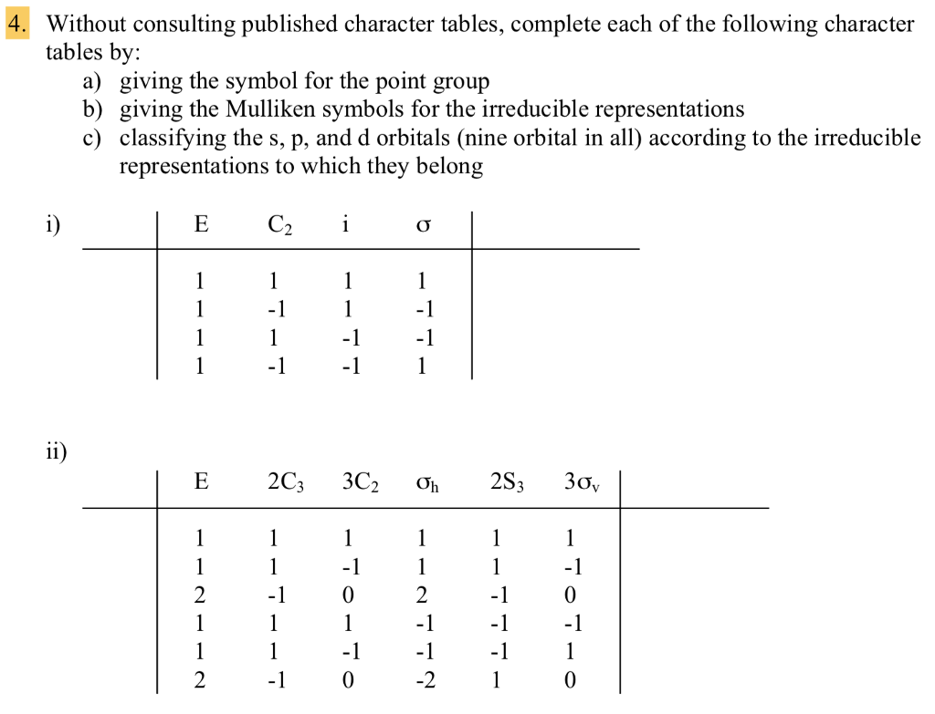 Solved 4. Without consulting published character tables, | Chegg.com