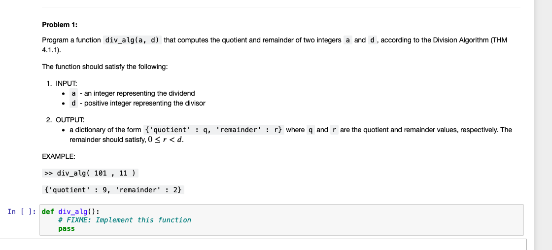 Solved Problem 1: Program a function div_alg(a, d) that | Chegg.com