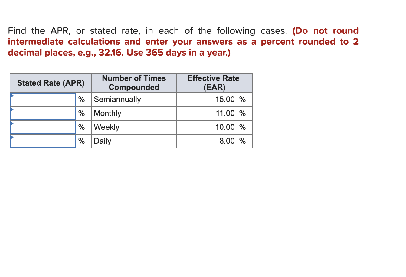 Solved Find the APR, or stated rate, in each of the