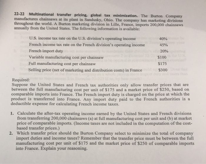 Solved 22 22 Multinational transfer pricing global tax Chegg