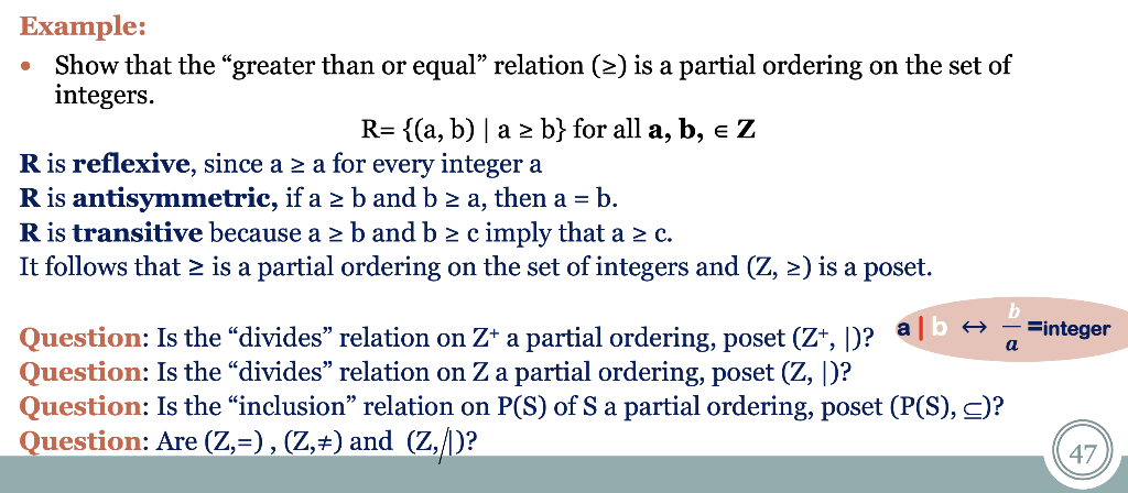 Example:
- Show that the greater than or equal relation \( (\geq) \) is a partial ordering on the set of integers.
\[
\math