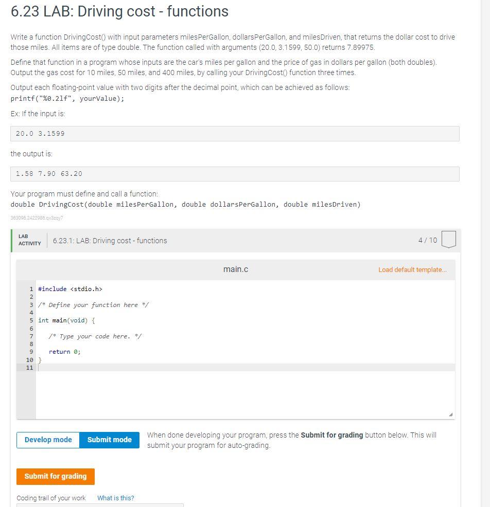 Solved 6.23 LAB: Driving cost-functions Write a function | Chegg.com