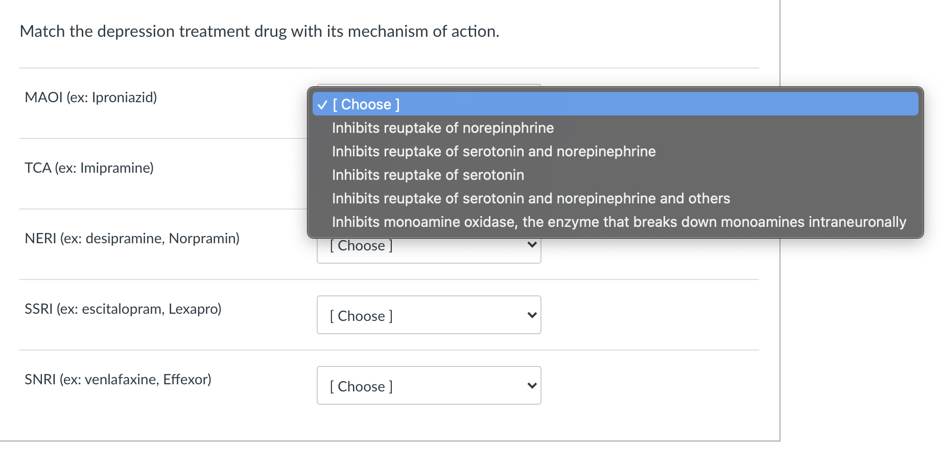 Solved Match the depression treatment drug with its | Chegg.com
