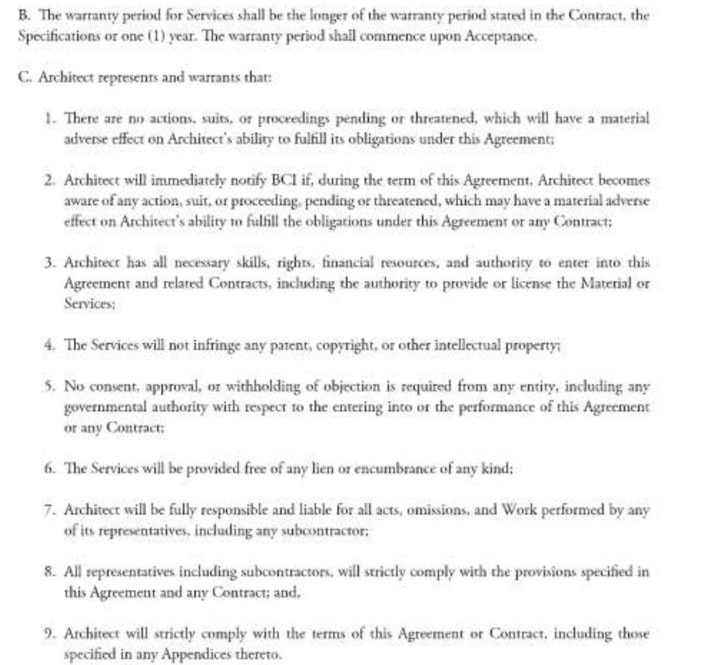 What clauses in the contract deal with warranties and