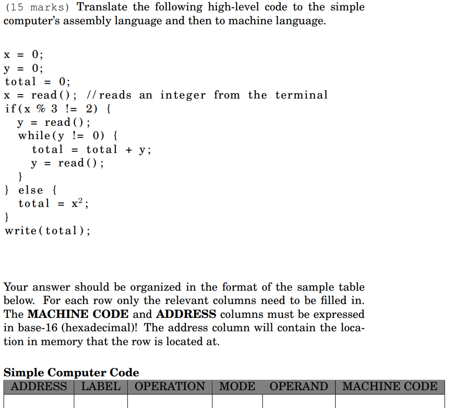 (15 marks) Translate the following high-level code to | Chegg.com