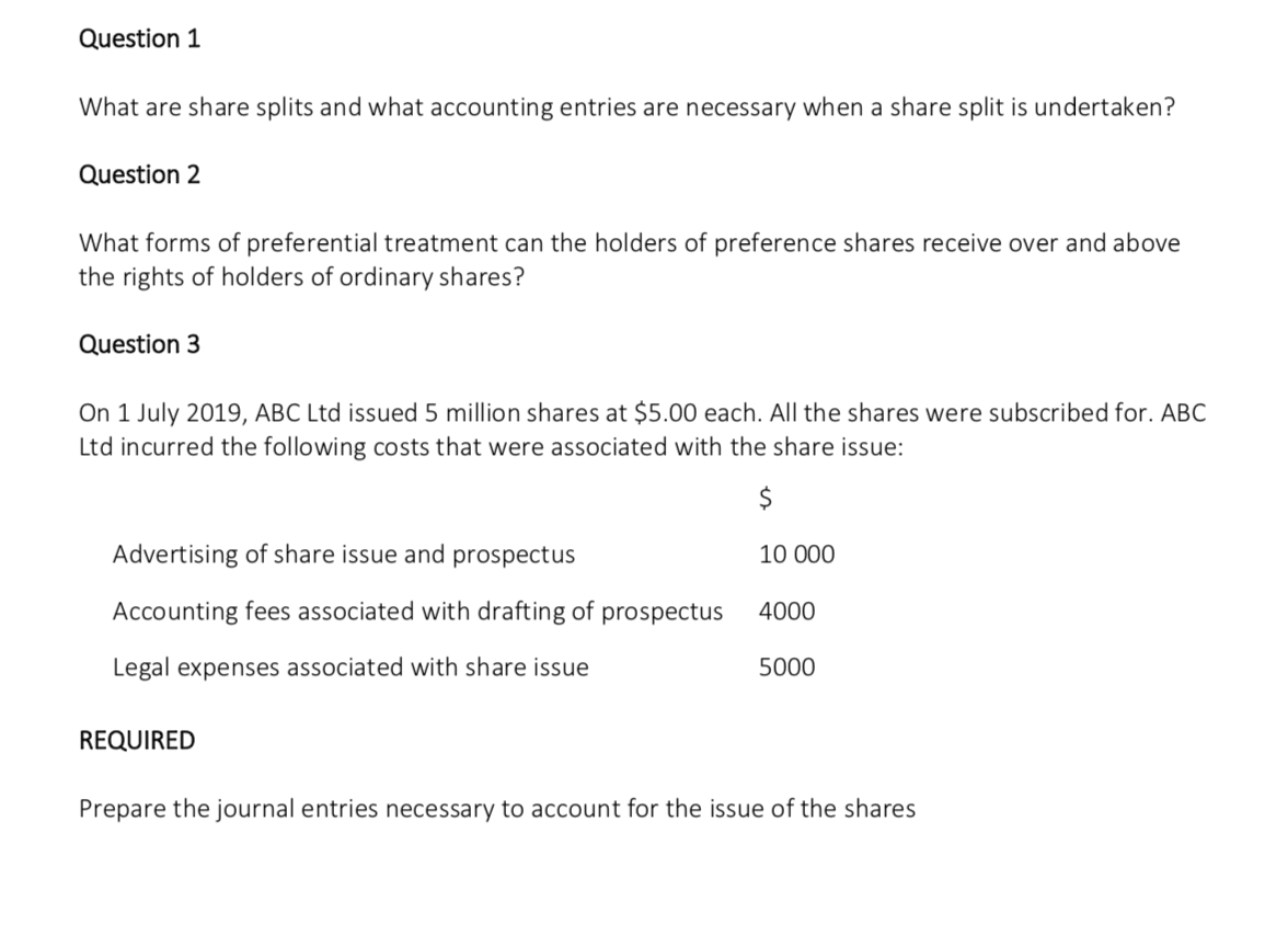 Solved Question 1 What are share splits and what accounting