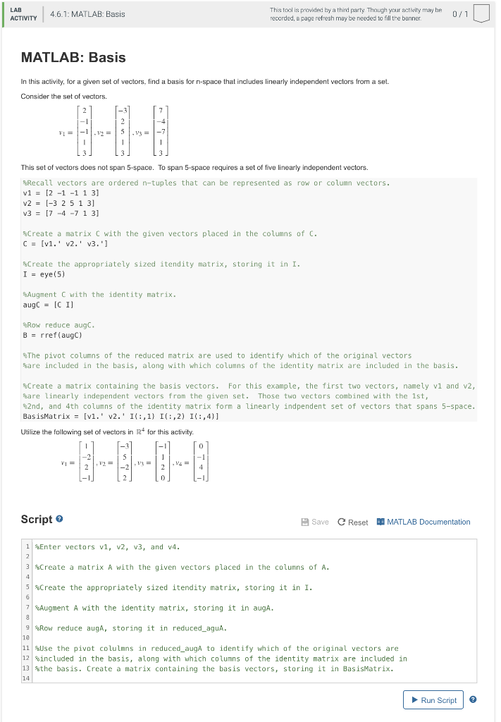 Solved LAB ACTIVITY 4.6.1: MATLAB: Basis This tool is | Chegg.com