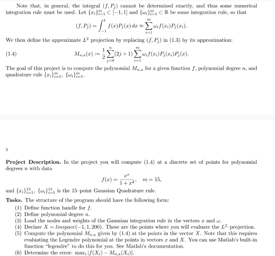 Matlab Question About Legendre Gauss Quadrature He Chegg Com