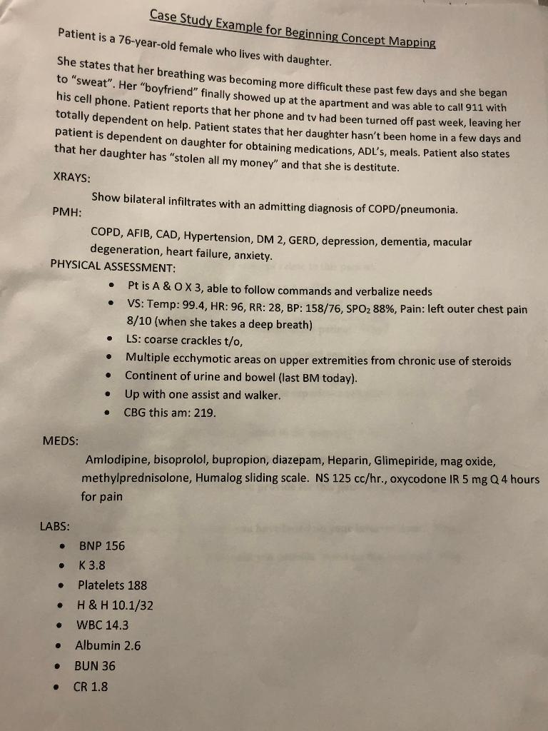 Case Study Example for Beginning Concept Mapping Patient is a 76-year-old female who lives with daughter. She states that her