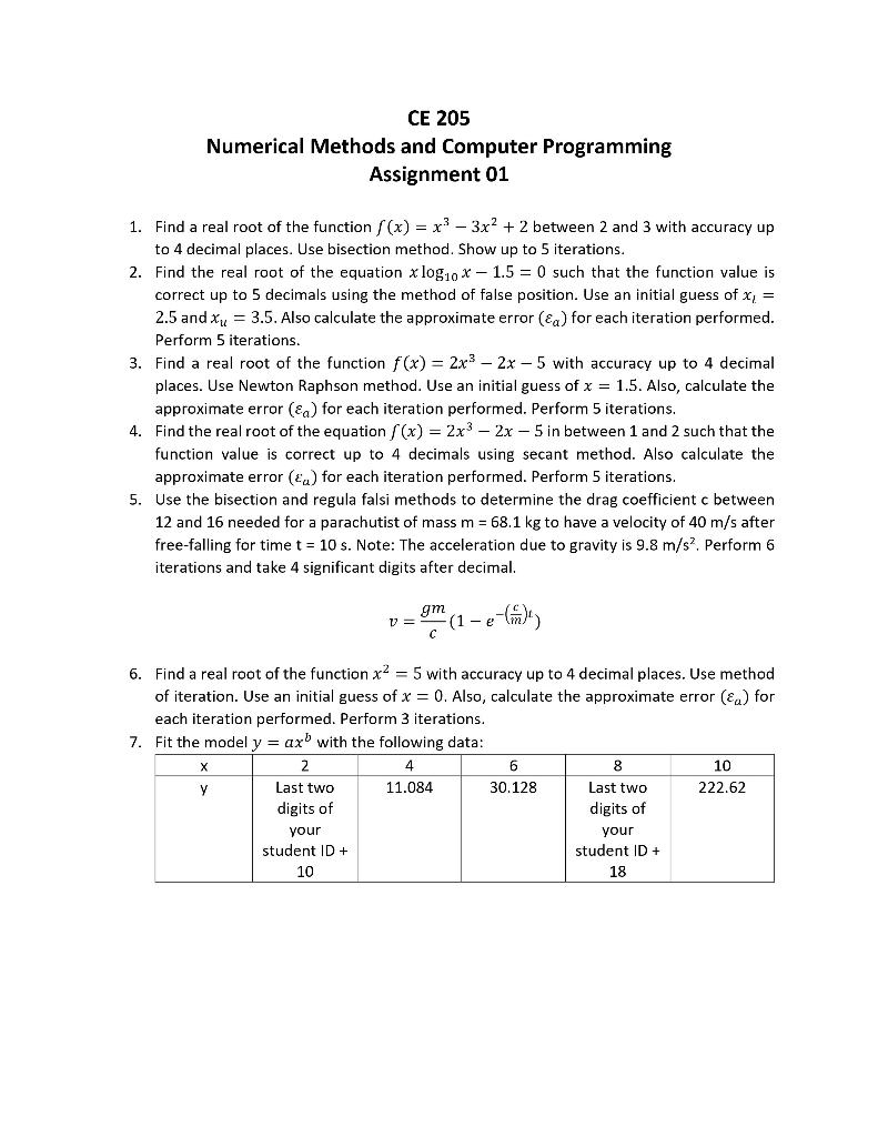CE 205 Numerical Methods and Computer Programming | Chegg.com