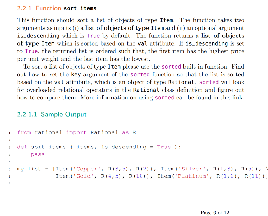 Solved 2.2.1 Function sort_items This function should sort a | Chegg.com