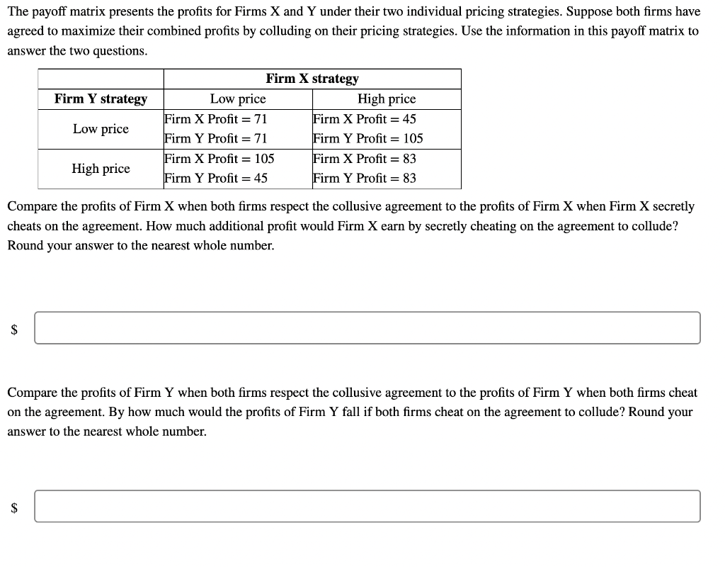 Solved The payoff matrix presents the profits for Firms X | Chegg.com