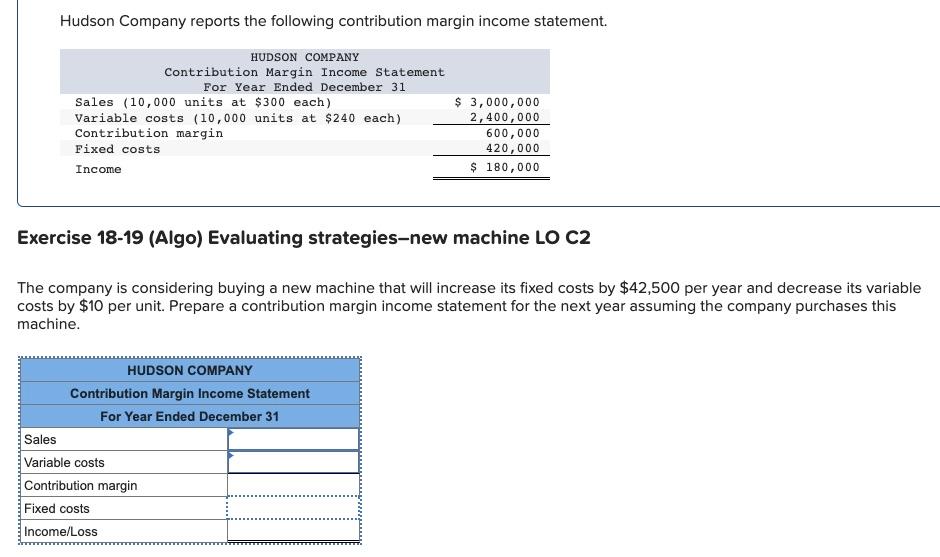 Hudson Company reports the following contribution margin income statement.
Sales (10,000 units at $300 each)
Variable costs (