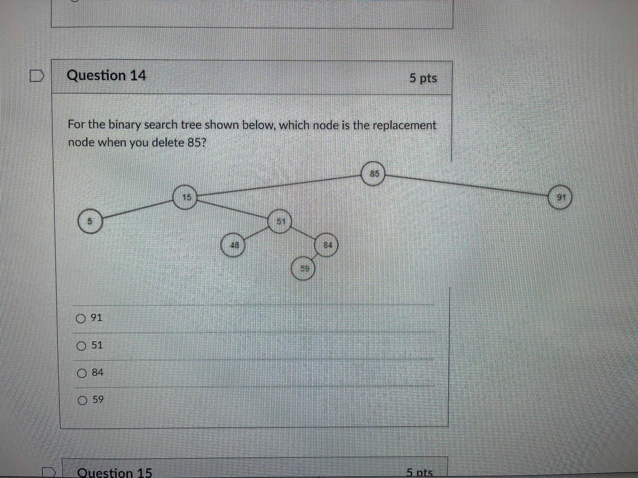 Solved Question 14 5 pts For the binary search tree shown | Chegg.com