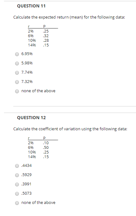Solved QUESTION 11 Calculate the expected return (mean) for | Chegg.com
