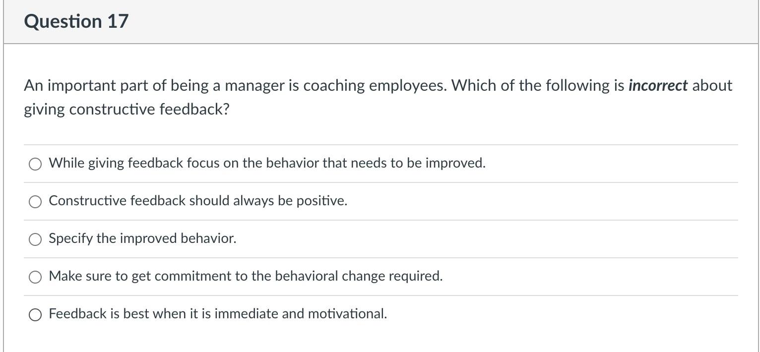 Solved Question 17 An Important Part Of Being A Manager Is | Chegg.com