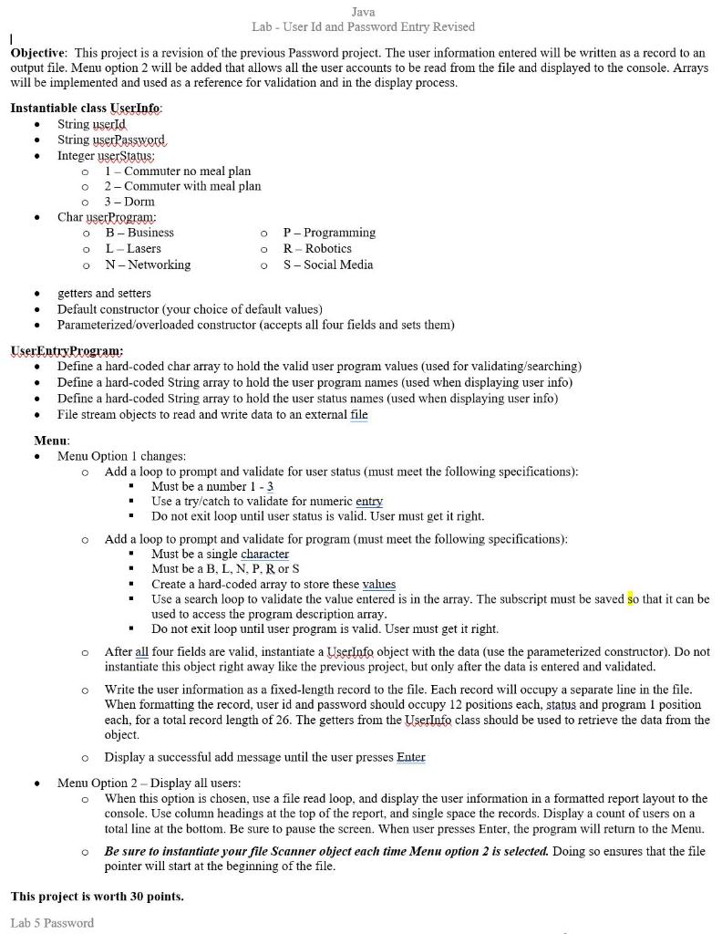 Java UserEntryProgram (User Entry Program) / Password | Chegg.com