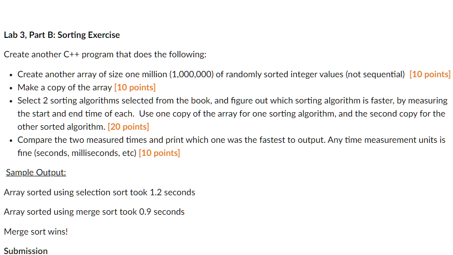 Solved Lab 3, Part B: Sorting Exercise Create another C++ | Chegg.com