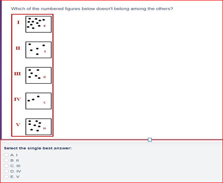 Which of the numbered figures below doesnt belong among the others?
Select the single best answer:
A. 1
B. II
C. III
D. IV
E