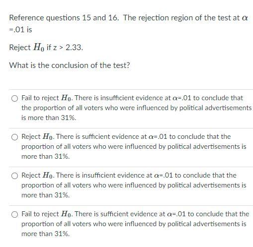 Reference questions 15 and 16. The rejection region | Chegg.com