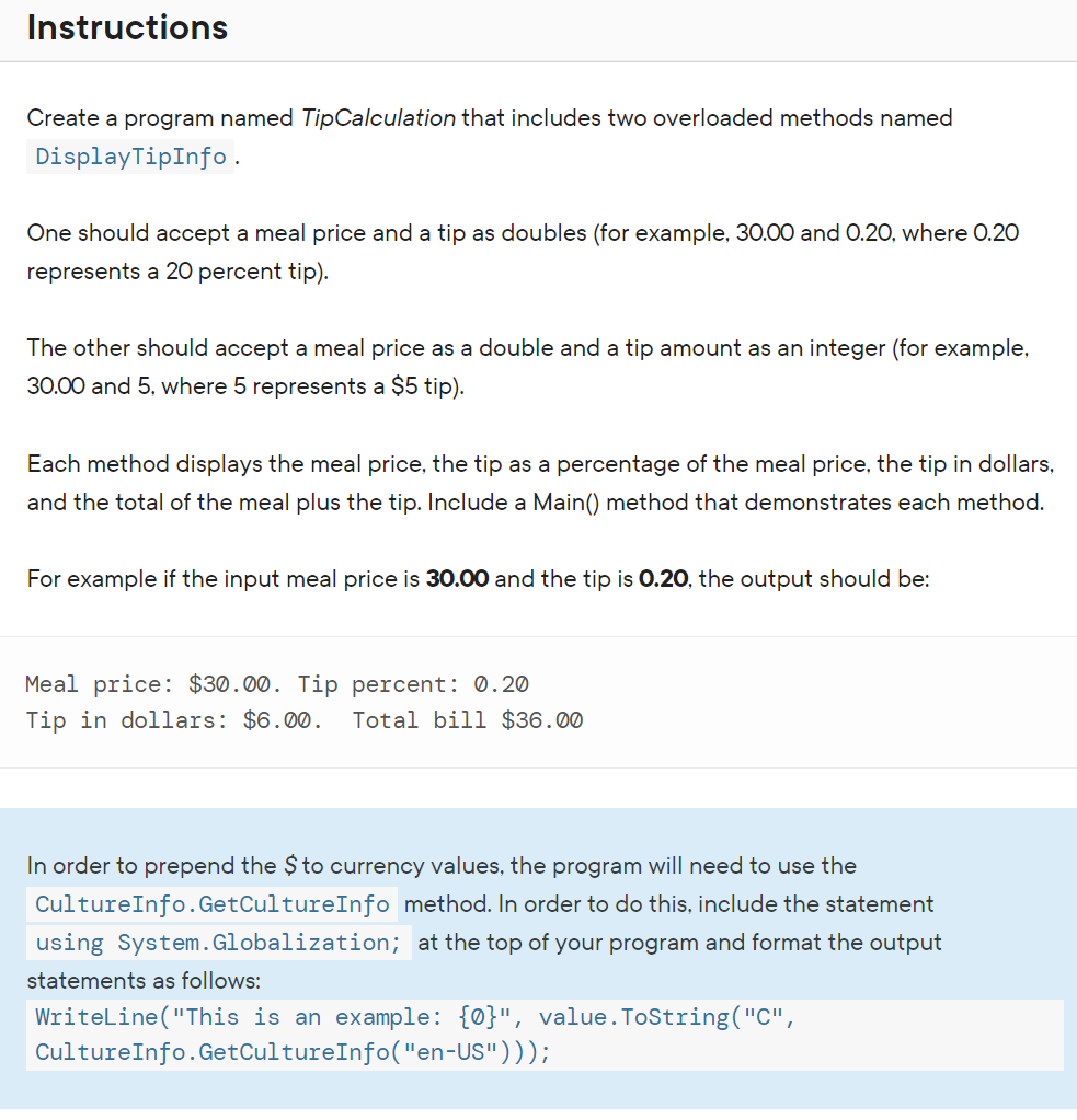Solved Instructions Create a program named TipCalculation | Chegg.com