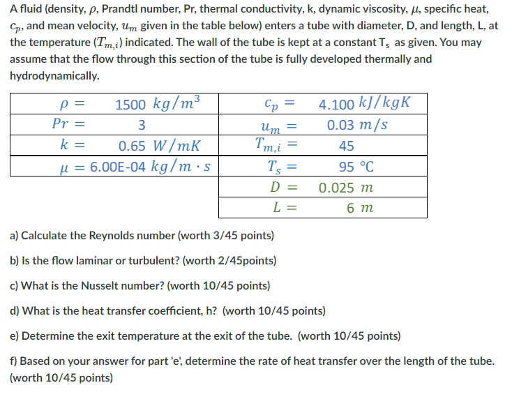 Solved A fluid (density, p, Prandtl number, Pr, thermal | Chegg.com
