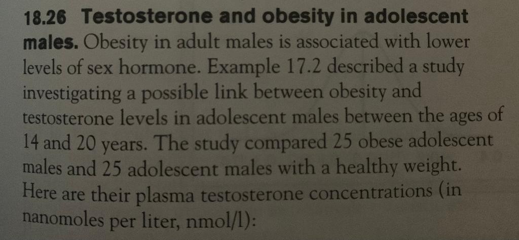 Solved 18.26 Testosterone and obesity in adolescent males. | Chegg.com