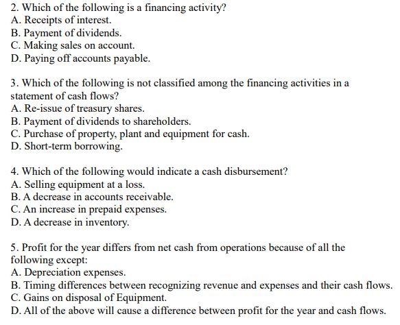 Solved 2. Which of the following is a financing activity? A. | Chegg.com