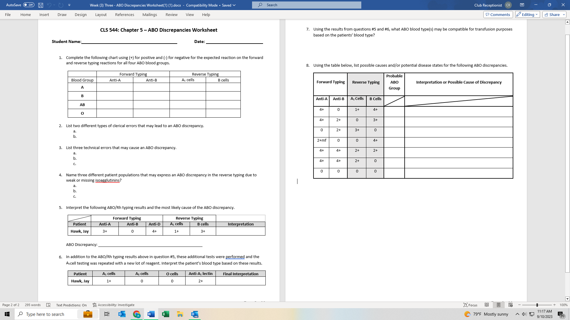 Solved CLS 544: Chapter 5 - ABO Discrepancies Worksheet | Chegg.com