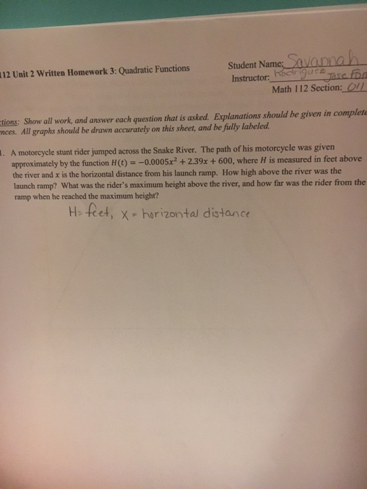 Solved Student Nam 12 Unit 2 Written Homework 3: Quadratic | Chegg.com