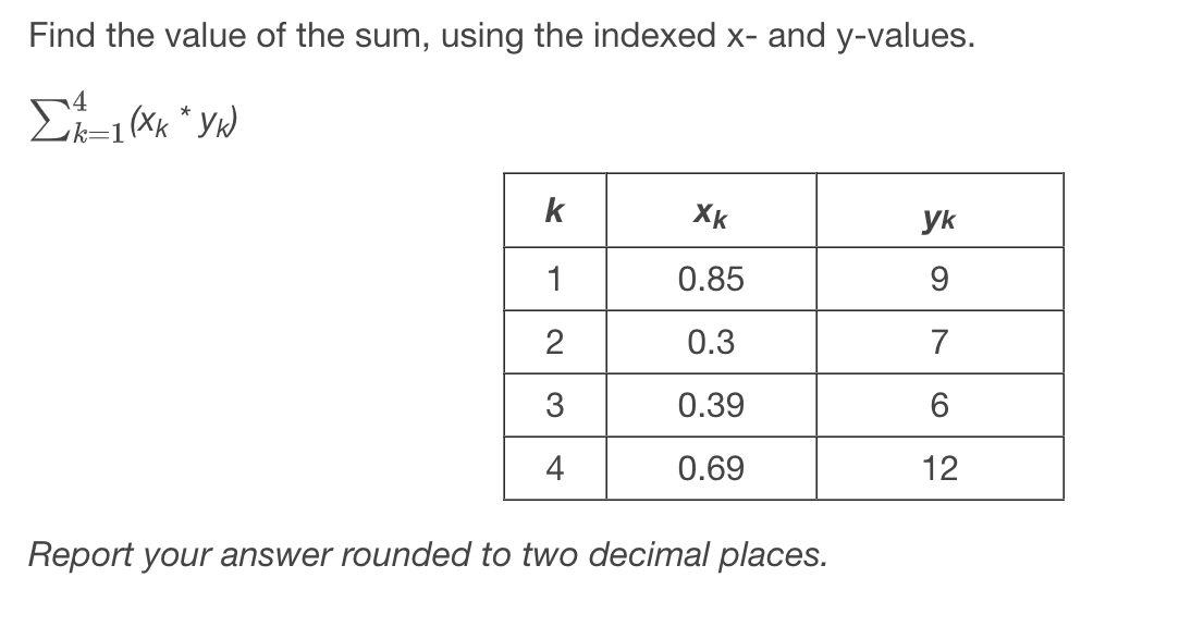 Find the value of the sum, using the indexed \( x \) - and \( y \)-values.
\[
\sum_{k=1}^{4}\left(x_{k}{ }^{*} y_{k}\right)
\