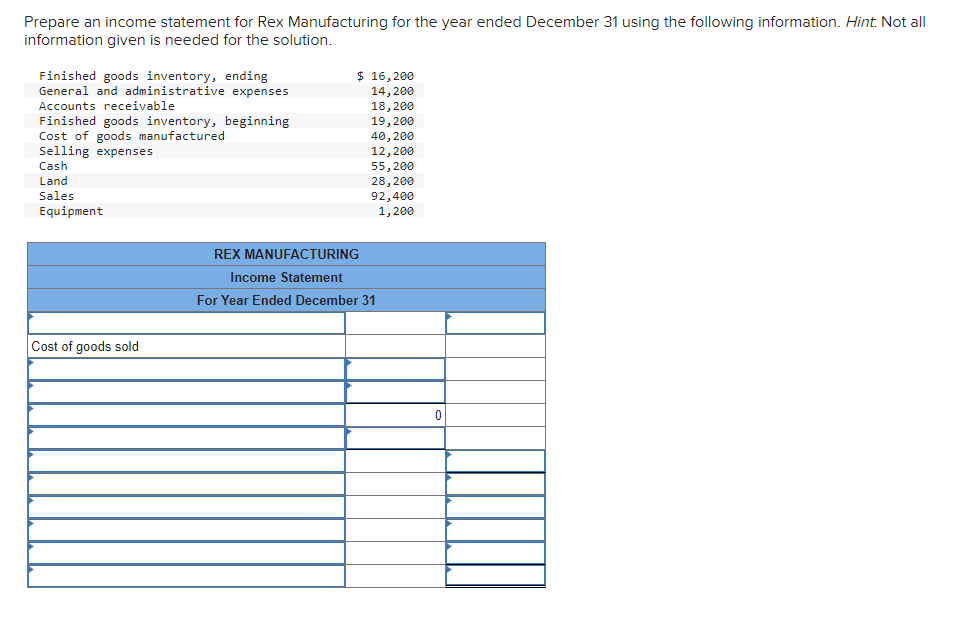 Solved Prepare an income statement for Rex Manufacturing for | Chegg.com