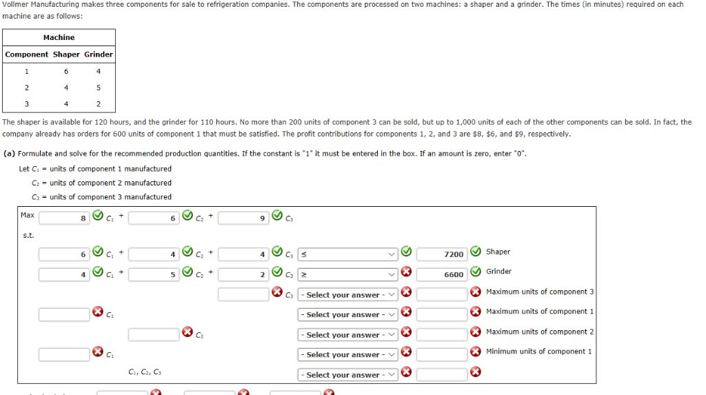 Solved Vollmer Manufacturing Makes Three Components Sale