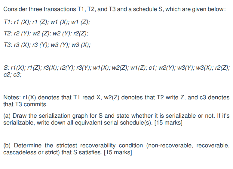 Solved Consider Three Transactions T1, T2, And T3 And A | Chegg.com