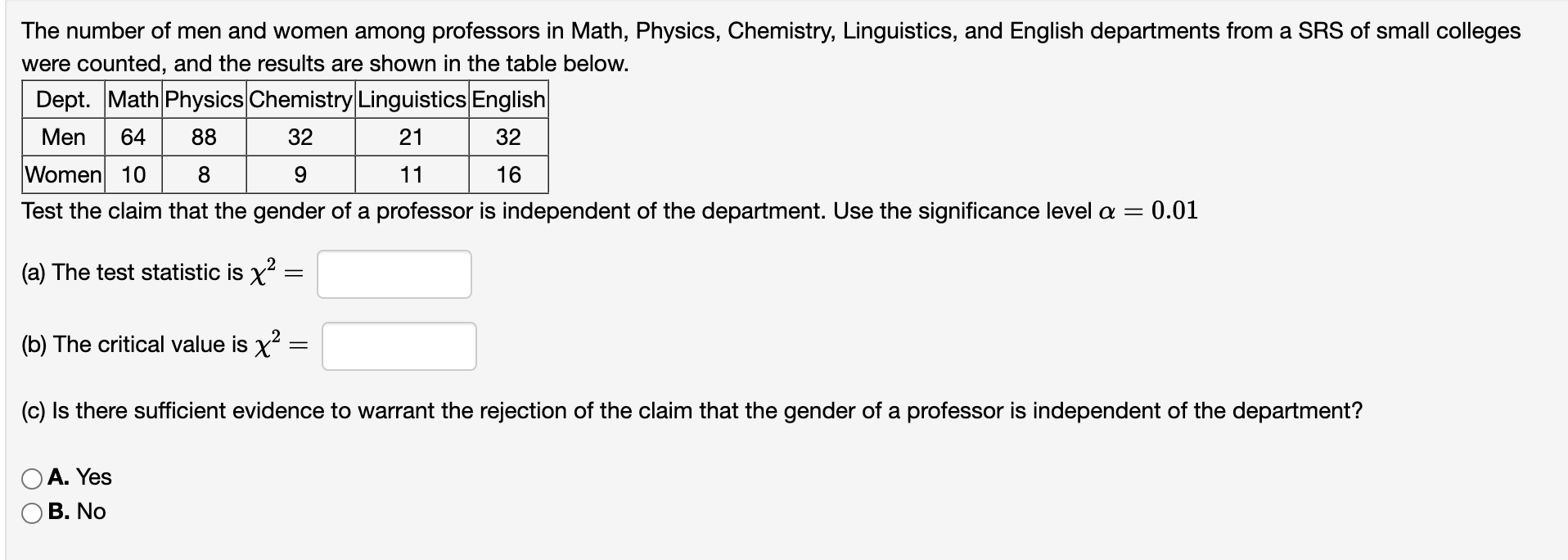 Solved The number of men and women among professors in Math, | Chegg.com