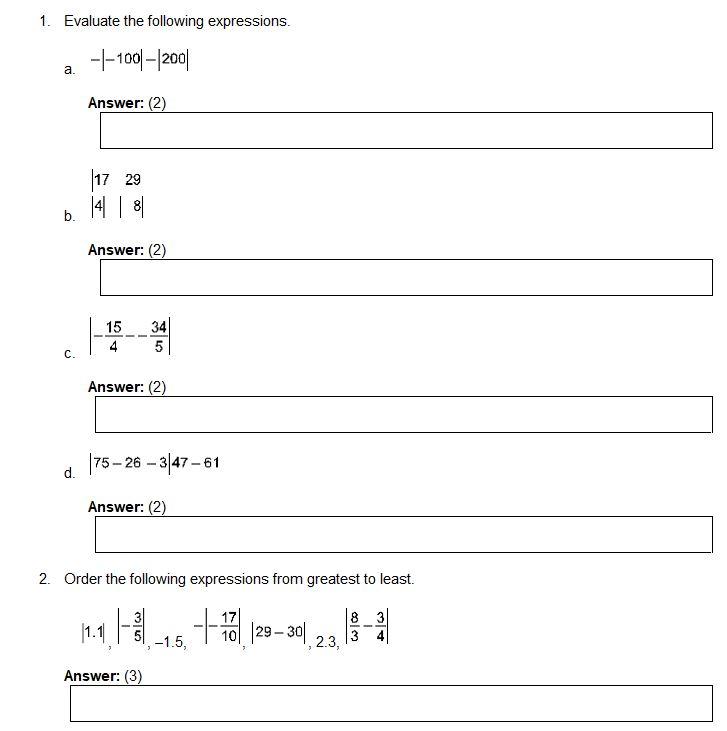Solved 1. Evaluate the following expressions. -|-100|-|2001 | Chegg.com