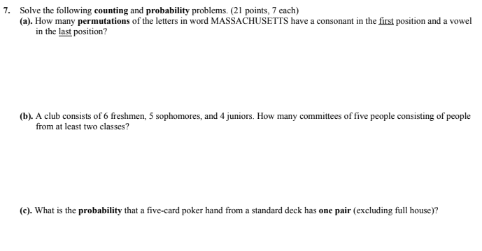 Solved 7. Solve the following counting and probability | Chegg.com