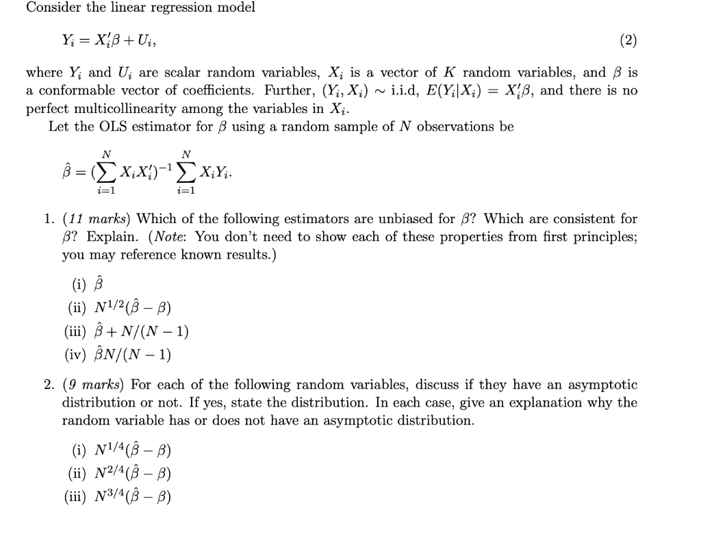 Consider the linear regression model Yi=Xi′β+Ui, | Chegg.com