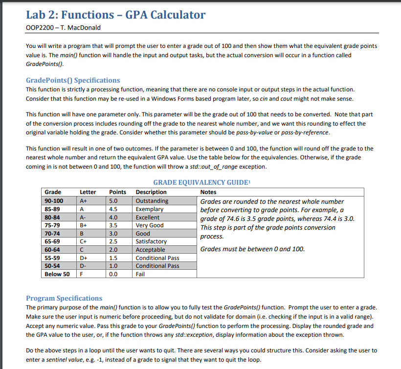 Solved Lab 2: Functions - GPA Calculator OOP2200 - T. | Chegg.com