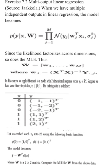 Exercise 7.2 Multi-output linear regression (Source: | Chegg.com