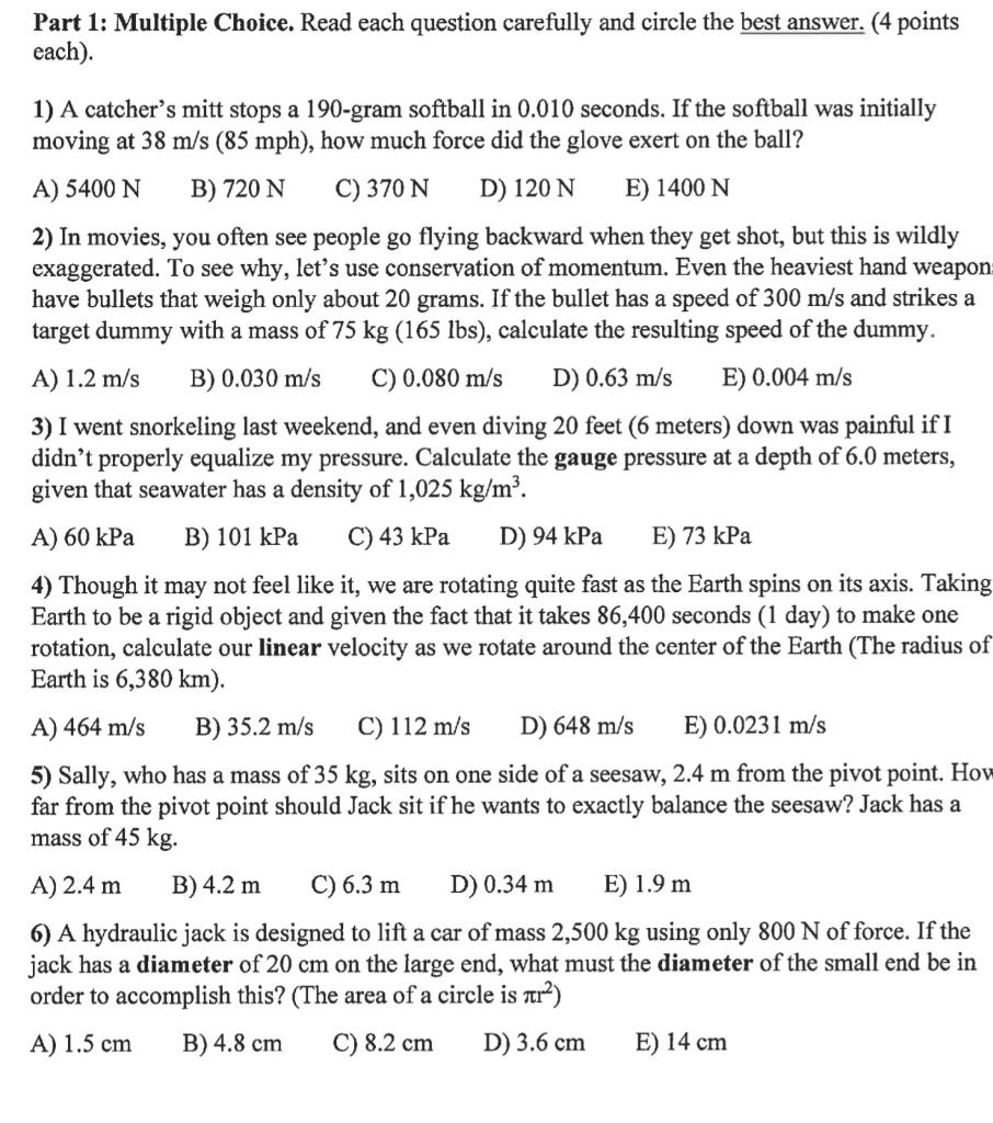 Solved Part 1: Multiple Choice. Read each question carefully | Chegg.com