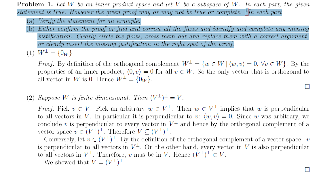 Solved Problem 1. Let W be an inner product space and let V | Chegg.com