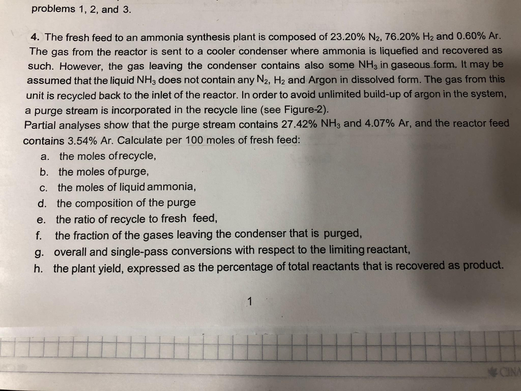 Solved problems 1, 2, and 3. 4. The fresh feed to an ammonia | Chegg.com