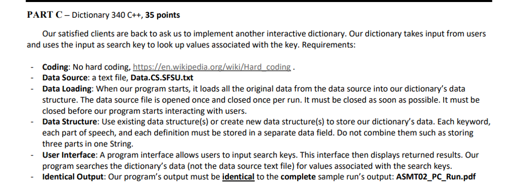 dictionary simple examples | pdf | computer... PART C-Dictionary 340 C++, 35 points Our satisfied | Chegg.com
